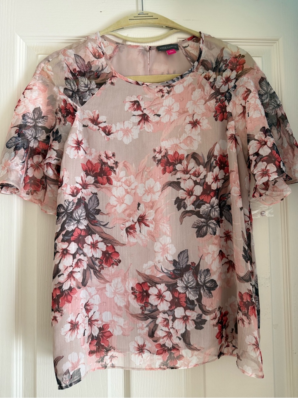 Vince Camuto Pink Floral Sheer Flutter-Sleeve Blouse